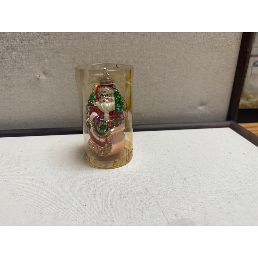 Vintage Style Glass Santa Claus Christmas Ornament with Toy Sack and Glitter 4in
